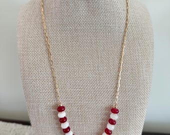 Crimson and White semiprecious stone necklace on a stainless steel adjustable chain, 18”, Indiana, Alabama