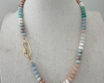 Semiprecious stone necklace with Gold carabiner clasp - teals, creams, beige