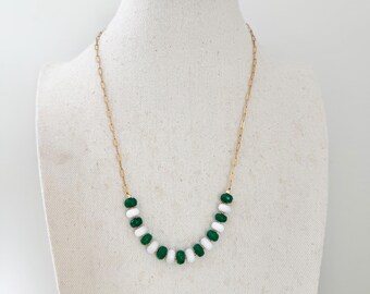 Green and White semiprecious stone necklace on a stainless steel adjustable chain, 18”