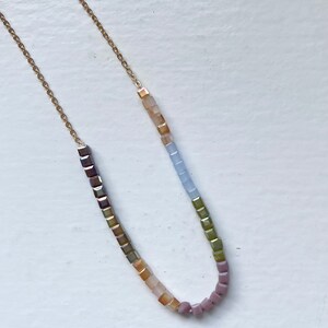 Square Glass Bead Necklace, Multicolored Gold Chain, Adjustable