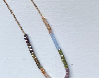 Square Glass Bead Necklace, Multicolored Gold Chain, Adjustable