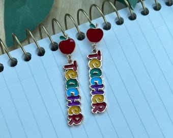 Teacher & Apple Enamel and Metal Earrings with stud backs - Back to School - teacher gifts