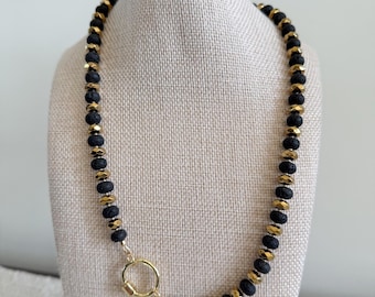 Black and Gold beaded stone necklace with carabiner clasp, Purdue University, Steelers