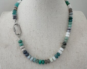 Semiprecious stone necklace with silver stainless steel carabiner clasp - teals, creams, greys