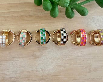 Indy 500 earrings - checkered flag huggie hoop earrings - gold plated, black and white, other colors