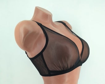 Bralette made of transparent black tulle, sportsbra, wireless bra, sheer mesh bra, bras, size A, B, C, D, 28, 30, 32, 34, 36, 38, 40,