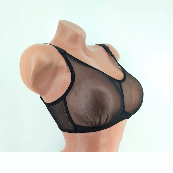 Black bralette made of transparent tulle, sportsbra, wireless bra, sheer mesh bra, bras, size A B C D DD DDD G 30 32 34 36 38 40 42 44 46 48