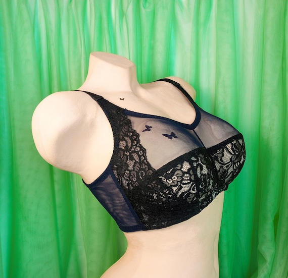 Wireless bra made of black lace and dark blue elastic mesh. Sizes AA A B C D E F G 28 30 32 34 36 38 40 42 44 46 48 50 52