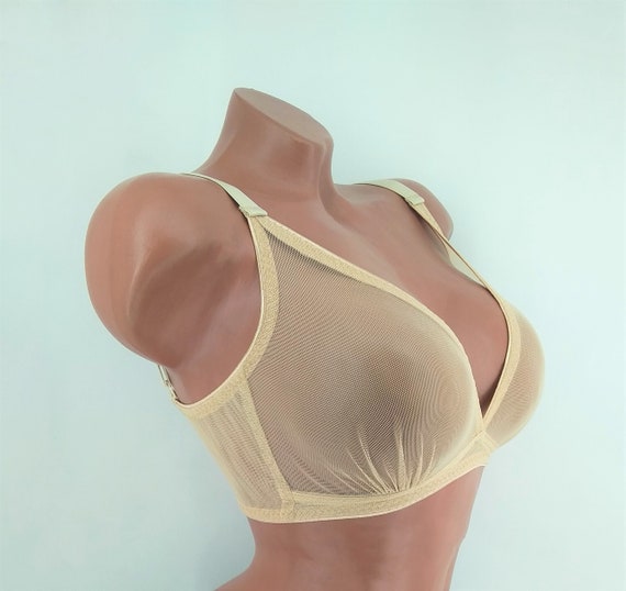 Bralette Made of Transparent Beige Tulle, Sportsbra, Wireless Bra