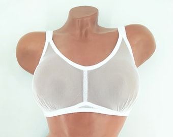 Bralette made of transparent white tulle, sportsbra, wireless bra, sheer mesh bra, bras, size A, B, C, D, 28, 30, 32, 34, 36, 38, 40,