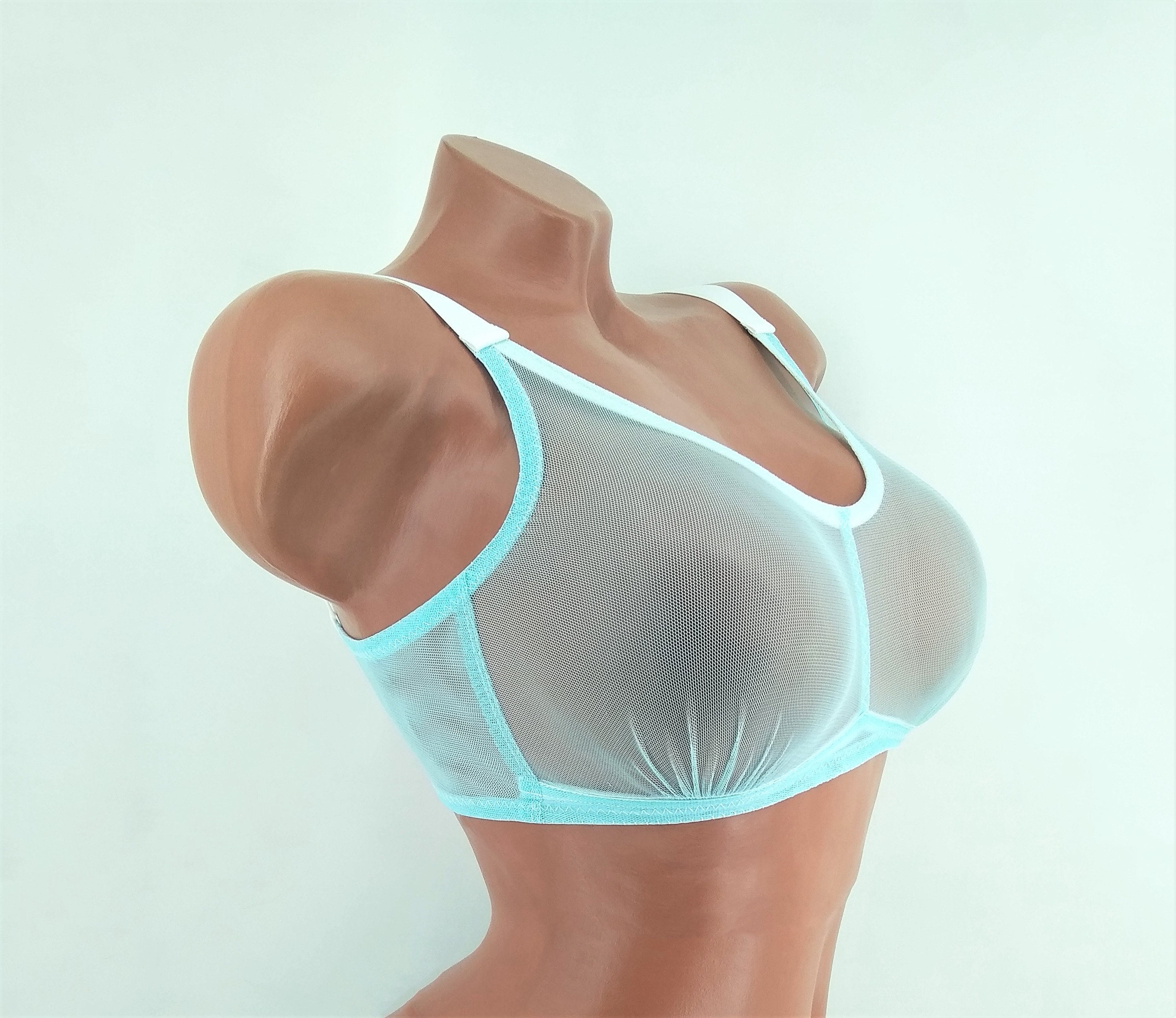Bralette made of transparent light blue tulle, sportsbra, wireless bra, sheer mesh bra, bras, size A, B, C, D, G, 30, 32, 34, 36, 38