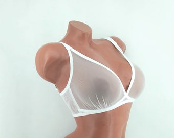 Bralette from transparent white tulle, sportsbra, wireless bra, sheer mesh bra, bras, size A B C D 28 30 32 34 36 38 40