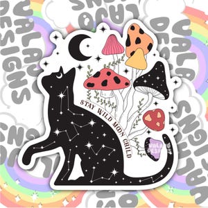 Mantente salvaje, niño de la luna, linda pegatina impermeable de gato negro místico, pegatina para botella de agua, pegatina para Kindle, pegatina para computadora portátil, diseños de Valajo