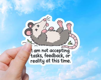 Funny Opossum Sticker: Not Accepting Tasks, Feedback, Reality (Waterproof Vinyl)