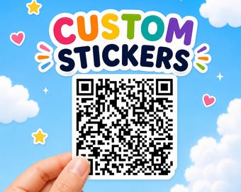 May include: A square white sticker featuring a black and white QR code. Above the QR code, the text CUSTOM STICKERS is displayed in a multi-colored, rounded font. The background is a bright blue sky with white clouds, yellow stars, and pink hearts.