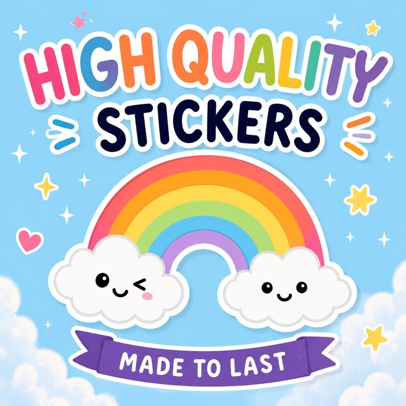 May include: A graphic illustration on a light blue background featuring the text HIGH QUALITY STICKERS in multicolored letters. Below, a rainbow arches over two white clouds with smiling faces. A purple banner at the bottom reads MADE TO LAST.