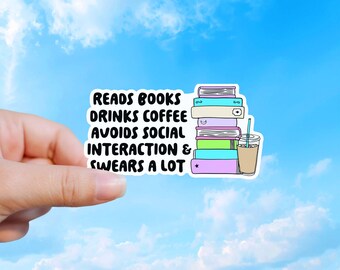 Adesivo divertente in vinile per amanti dei libri e introversi, lettore di caffè