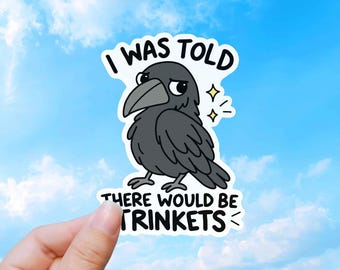 Funny Waterproof Vinyl Sticker: Crow Saying 'I Was Told There Would Be Trinket'