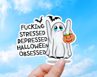Funny Halloween Sticker, Stressed Ghost Mental Health Humor Decal