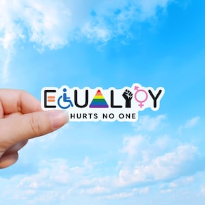 Peut inclure: Un autocollant blanc avec le mot "EQUAL" en lettres noires, avec un symbole de fauteuil roulant, un arc-en-ciel, un poing levé et un symbole de genre. Les mots "HURTS NO ONE" sont en dessous. Le fond est un ciel bleu avec des nuages.