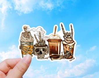 Coffee Lover Sticker, Skeleton Coffee Gothic Decal Gift