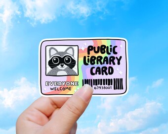 Public Library Card Sticker, Raccoon Reader Decal, Book Lover Vinyl Sticker Gift