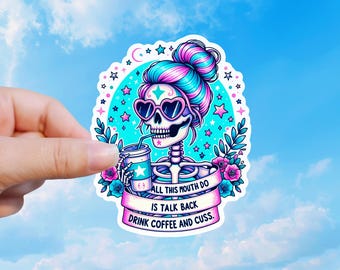 Funny Skeleton Coffee Sticker, Sarcastic Goth Vinyl Decal, Adult Humor
