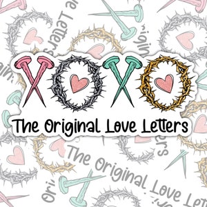 XOXO, Carta de amor, Pegatina cristiana, Pegatina impermeable, Pegatina de botella de agua, Pegatina para computadora portátil, Pegatina Kindle, Diseños Valajo