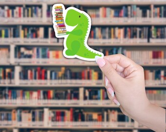 Dinosaurio con libros, pegatinas impermeables, pegatinas para portátil, pegatinas para botellas de agua, pegatinas para Hydro Flask, amantes de los libros, Valajo Designs