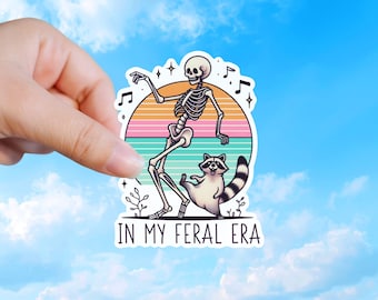 Feral Era Sticker, Skeleton Raccoon Retro Humor Decal