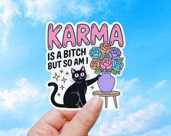 Karma Is A Bitch Cat Sticker, Funny Sarcastic Decal