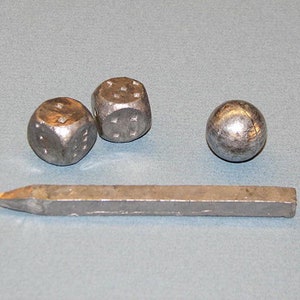 Lead Dice, Musket Ball and Pencil 4 pc Set Metal Hand Forged Hammered from 69 cal British US Historic Reenactment Military 18th century