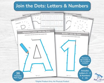 Join the Dots Letter and Number Worksheets / Kindergarten Preschool Alphabet Recognition / Trace and Connect the Dots / A to Z, 1 to 10