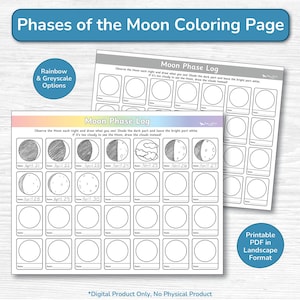 May include: A printable Moon Phase Log coloring page in landscape format. The sheet features a grid of empty circles for daily observations, with text instructions to shade the dark parts of the moon. Includes rainbow and greyscale design options.