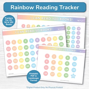 Book Reading Log Tracker Printable PDF / Kids Points Reward Chart / Rainbow Colors / Reading Challenge List / 20, 50, 100 Books / Landscape