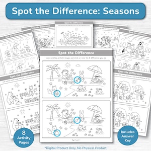 May include: A set of black and white "Spot the Difference" activity sheets, titled "Spot the Difference: Seasons". The pages contain illustrations of seasonal scenes, with instructions to find differences. Includes an answer key.