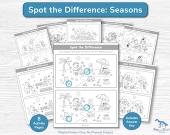 Spot the Difference Activity Worksheets / Preschool, Kindergarten, Grades 1, 2 and 3 / Easy Seasonal Kids Coloring Classroom Printable