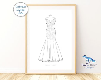 Hand Drawn Wedding Dress Sketch Illustration / Custom Bride Portrait Drawing / Wedding Invitation, Gift or Present / Digital Printable File