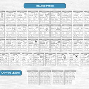 May include: A collection of black and white printable worksheets for children, featuring various illustrations and fill-in-the-blank exercises. The worksheets are organized into pages with titles like "Included Pages" and "Answers Sheets". The Fox and Birch Designs logo is visible.