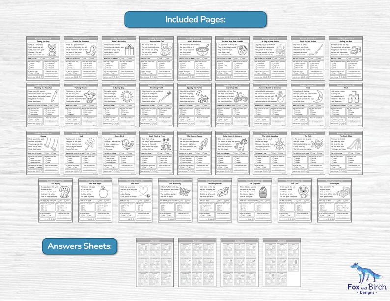 May include: A collection of black and white printable worksheets for children, featuring various illustrations and fill-in-the-blank exercises. The worksheets are organized into pages with titles like "Included Pages" and "Answers Sheets". The Fox and Birch Designs logo is visible.