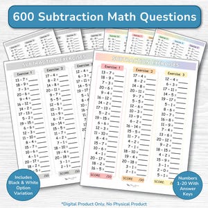 May include: A collection of printed sheets titled 600 Subtraction Math Questions, featuring columns of subtraction exercises with numbers 1-20, score boxes, and answer keys. The pages include pastel-colored headers and the Fox And Birch Designs logo.