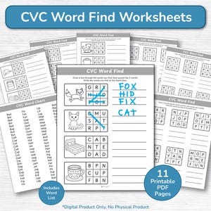 May include: A collection of CVC Word Find worksheets, featuring various puzzles with illustrations and word lists. The worksheets are designed for educational purposes, with a focus on phonics and early literacy skills. The image includes 11 printable PDF pages.