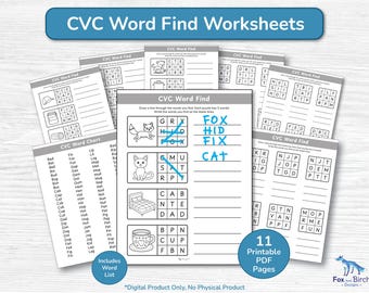 Feuilles d'exercices pour la recherche de mots CVC pour la maternelle et la petite 1re année / Exercices pratiques pour apprendre à lire la phonétique / Exercice de recherche de mots avec liste de tableaux CVC