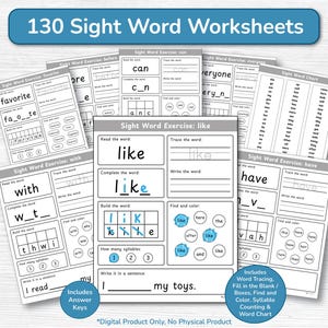 May include: A collection of 130 sight word worksheets for educational use. The worksheets include word tracing, fill-in-the-blank exercises, and syllable counting. The title bar reads "130 Sight Word Worksheets". The worksheets are printed in black and white.