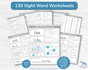 130 Sight Word Exercise Worksheets / Kindergarten to Grade 1 / Reading, Writing and Spelling Activity with Word Chart / Elementary Learning