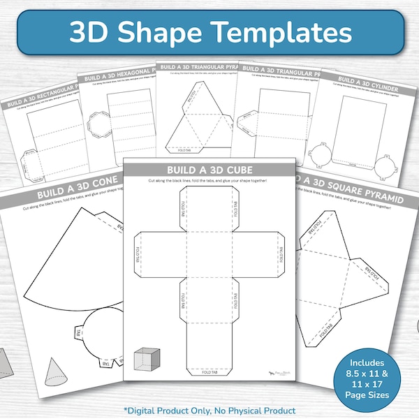 Printable 3d Geometric Shape Templates / Geometry Math, Cube, Cone, Pyramid, Prism, Cylinder / Build Paper Craft for Kids Activity Worksheet