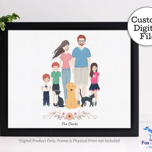Custom Family Portrait / Landscape / Digital Personalized Printable Illustration / Custom Card or Gift / With Pets