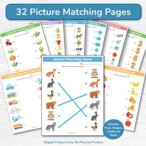 May include: A collection of 32 picture matching pages featuring various educational themes including animals, vegetables, transportation, and fruit. Each white sheet displays colorful illustrations and lines for drawing connections between matching items.