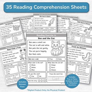 Reading Comprehension Kindergarten Worksheet Activity / Sentence Reading Stories and Questions / 35 Page Elementary Grade 1 Exercise