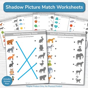 May include: A collection of Shadow Picture Match Worksheets featuring various themes like animals, safari, sports, and shapes. Each page displays colorful illustrations on the left and corresponding gray silhouettes on the right for matching.